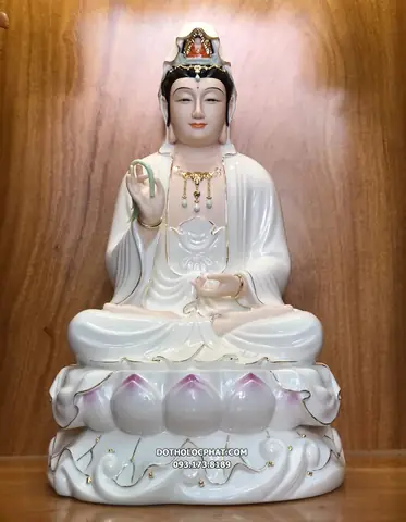 27. Tượng Phật Quan Âm Sứ Trắng Đế Sen Hồng Qabt-078