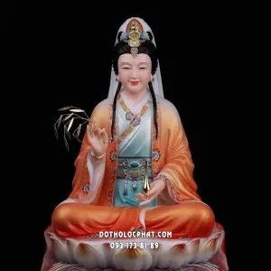 Tượng Quan Âm Bồ Tát Áo Gấm Cam Ngồi Đài Sen Đẹp