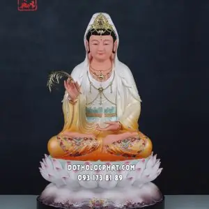 Tượng Quan Âm Bồ Tát Composite Áo Vàng Cam Đế Sen Hồng