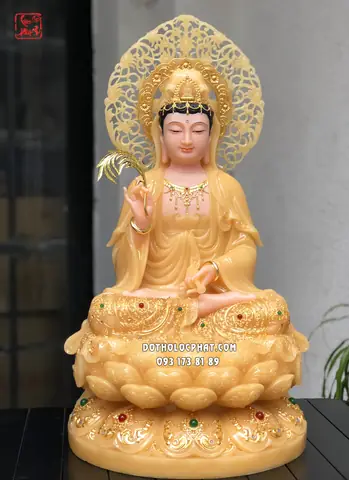 14. Tượng Quan Âm Thạch Anh Viền Vàng Nạm Ngọc Hq Qabt-115