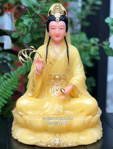 Tượng Quan Âm Bồ Tát Thạch Anh Viền Vàng Đế Sen Diện Đẹp Hoan Hỷ
