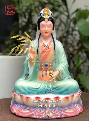 Tượng Quan Âm Bồ Tát Áo Xanh Vẽ Gấm Ngồi Đài Sen Đẹp