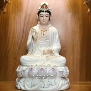 Tượng Phật Quan Âm Sứ Trắng Sen Hồng Cao Cấp Nhất