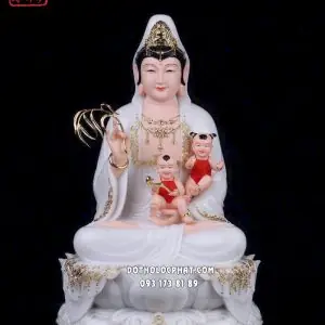 Tượng Quan Âm Tống Tử Áo Trắng Viền Vàng Đế Sen