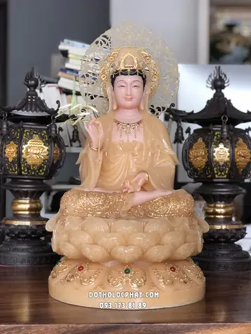 65. Tượng Phật Quan Âm Thạch Anh Viền Vàng Nạm Ngọc Hq Qabt-101