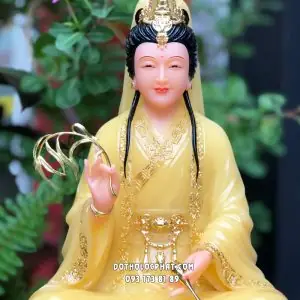 Tượng Quan Âm Bồ Tát Thạch Anh Viền Vàng Đế Sen Diện Đẹp Hoan Hỷ