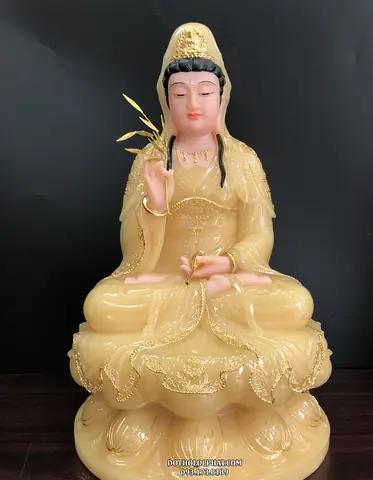 100. Tượng Phật Bà Quan Âm Thạch Anh Viền Vàng Cao 40cm Qabt-039