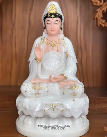 70. Tượng Mẹ Quan Thế Âm Bột Đá Trắng Viền Vàng Qabt-032