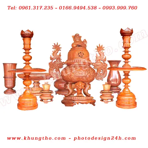 Đồ Thờ Cúng Bằng Gỗ - Tam Sự Gỗ Hương Chín Món Loại Trung