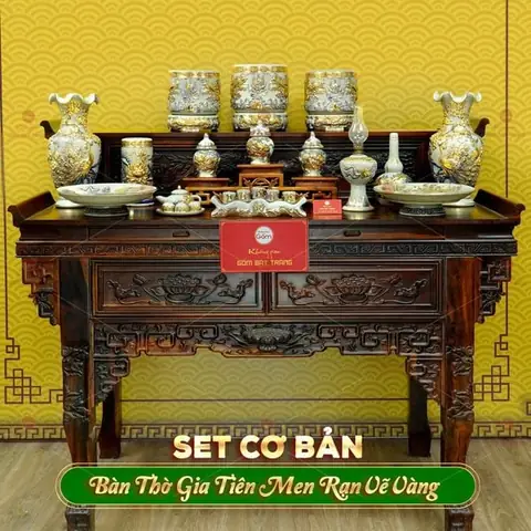 Bộ Đồ Thờ Gia Tiên (cơ Bản 15 Món) Men Rạn Vẽ Vàng
