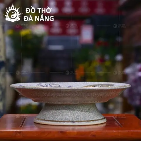 Mâm Bồng Thờ Bát Tràng Họa Tiết Hoa Sen Men Rạn Vẽ Vàng Đt-mb05