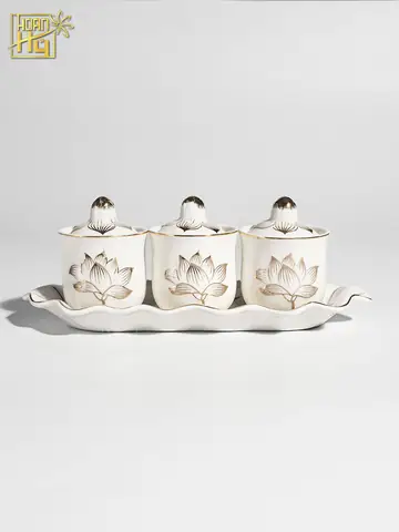 Bộ Án 3 Chung Nước Thờ Bạch Ngọc Có Nắp