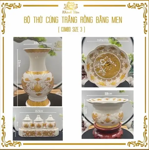 Bộ Bình, Kư , Dĩa, 3 Chung Có Nắp Rồng Trắng Size 3