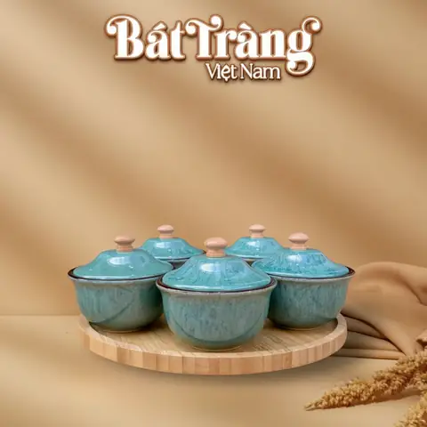 Bộ Khay Mứt 5 Hũ Gốm Sứ Bát Tràng Men Hỏa Biến Kèm Khay Gỗ