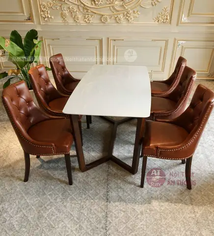 Bộ Bàn Ăn 6, 8 Ghế Mặt Đá Đẹp Sang Trọng Bọc Da Cho Gia Đình Căn Hộ
