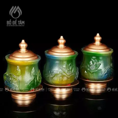 Bộ 3 Chum Nước Lưu Ly Xanh Chân Đồng Thờ Cúng Cao Cấp