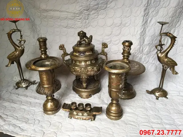 Đồ Thờ Cúng Bằng Đồng Đỏ Khảm Bạc - Đồ Đồng Quang Hà
