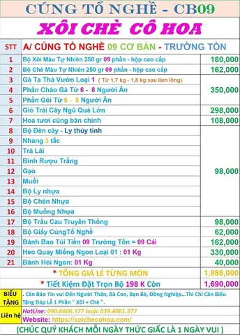 1/ Bảng Giá Gói Cúng Tổ Nghề Đơn Giản