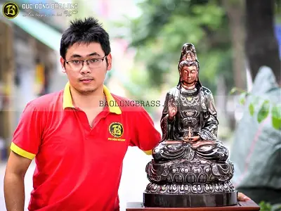 Tượng Phật Bà Quan Âm Bằng Đồng 61cm Khảm Vàng, Bạc