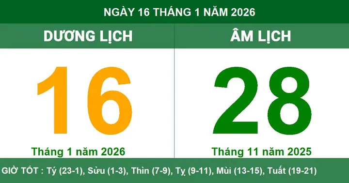 Âm Dương Lịch Ngày 16 Tháng 01 Năm 2026