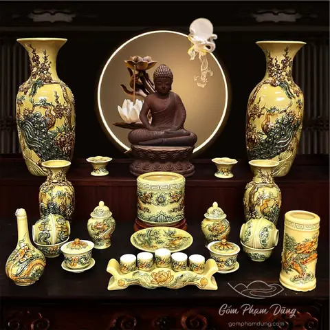 Bộ Đồ Thờ Men Rạn Vàng Lưu Ly