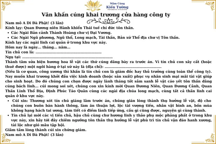 Văn Khấn Cúng Khai Trương Cửa Hàng Công Ty Chuẩn 2026