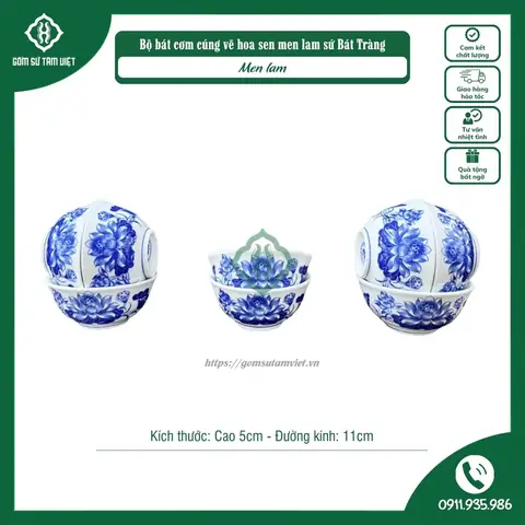 Bộ Đồ Ăn Cúng Men Lam Bát Tràng - Phụ Kiện Thờ Cúng Linh Thiêng