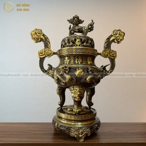 Đỉnh Đồng Song Long Chầu Nguyệt 62 Màu Hun Giả Cổ - Đồ Đồng Kim ...