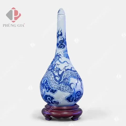 Nậm Rượu - Lam Nổi Vẽ Tay - Long Chầu Thái Cực Gốm Sứ Phùng Gia