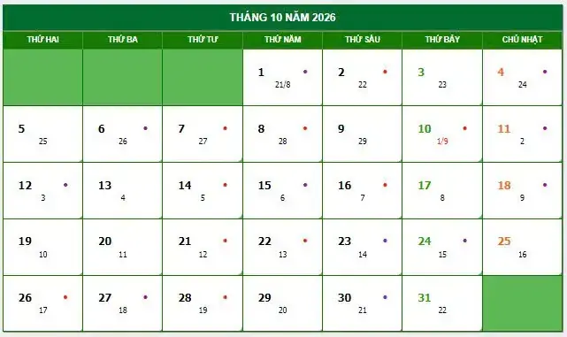 Ngày Tốt Tháng 10/2026 Để Kết Hôn, Khai Trương Và Xây Nhà