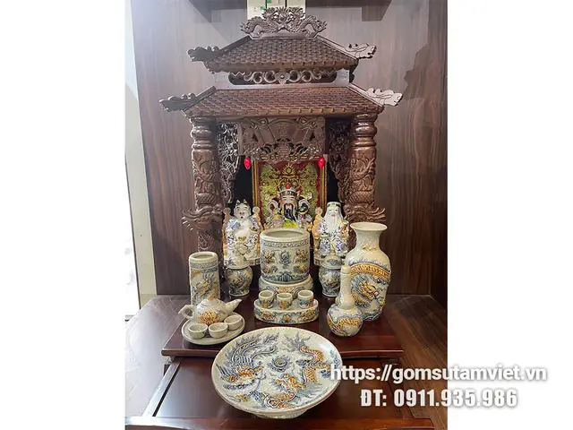 Bộ Đồ Thờ Thần Tài Gốm Sứ Bát Tràng Men Rạn Tvr-tt02