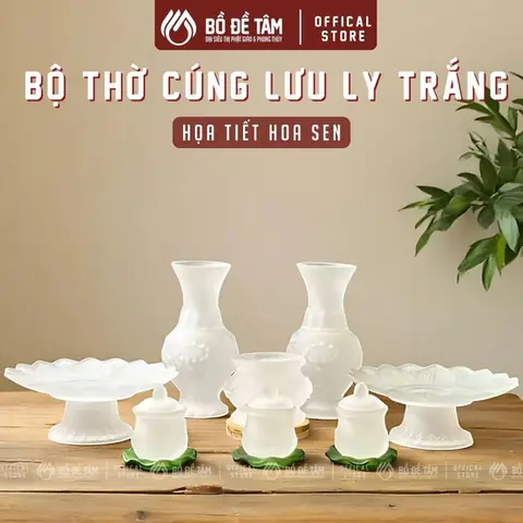 Trọn Thờ Cúng Lưu Ly Sen Trắng Họa Tiết Hoa Sen Cao Cấp