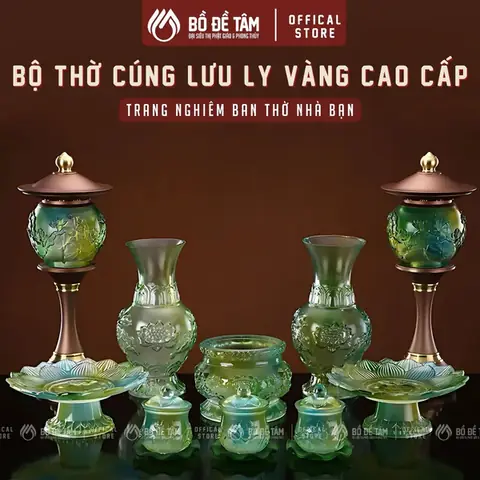Trọn Bộ Thờ Cúng Lưu Ly Xanh Ngũ Sắc Họa Tiết Hoa Sen Cao Cấp