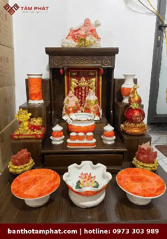 Bộ Bàn Thờ Thần Tài Ông Địa Tông Đỏ Cam Vân Đá Btt-3005