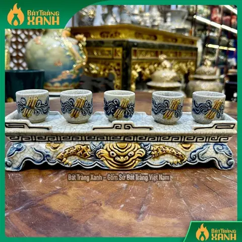 Bộ Kỷ Ngai 5 Chén/3 Chén, Kỷ Thờ Cúng Men Rạn Đắp Nổi Bát Tràng