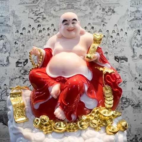 Tượng Phật Di Lặc Đẹp Bột Đá Y Áo Đỏ Công Ty Gỗ Đẹp