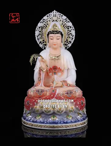 Tượng Quan Âm Bồ Tát Áo Đỏ Viền Hoa Đế Sen Xanh Hào Quang Qabt-153