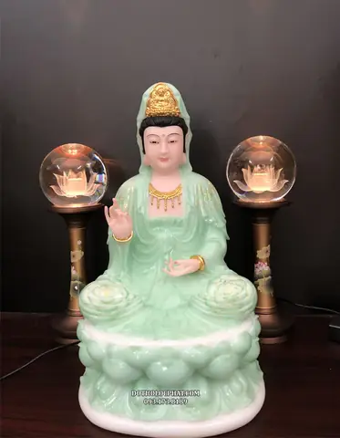 95. Tượng Quan Âm Bồ Tát Ngồi Xanh Ngọc Vẽ Hoa 3d Qabt-008