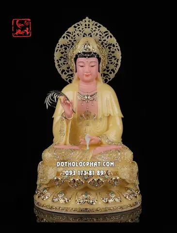 Tượng Quan Âm Bồ Tát Thạch Anh Áo Rũ Viền Hoa Hào Quang Qabt-157