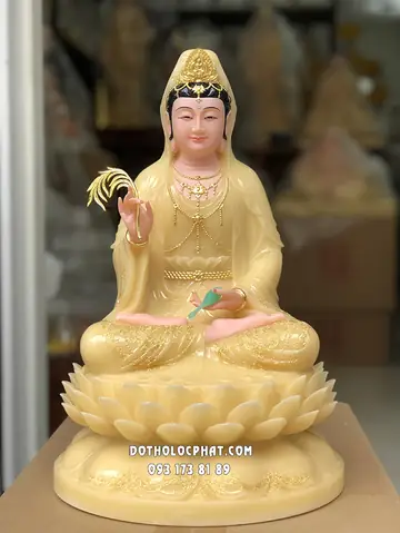 Tượng Phật Quan Âm Vàng Thạch Anh Đế Hoa Sen Nở Qabt-077