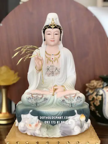 90. Tượng Quan Âm Bồ Tát Áo Gấm Xanh Sen Nổi Composite Qabt-096